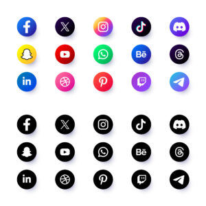 Σετ εικονιδίων social media για ιστοσελίδες, όπως Facebook, Instagram, TikTok, YouTube και LinkedIn